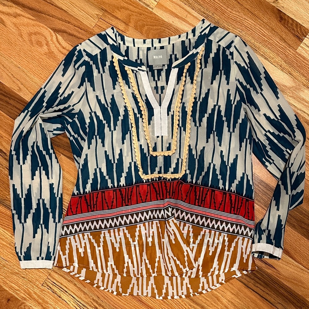 Maeve Anthropologie Blue and Red Patterned Long Sleeve Blouse Womens Size 2